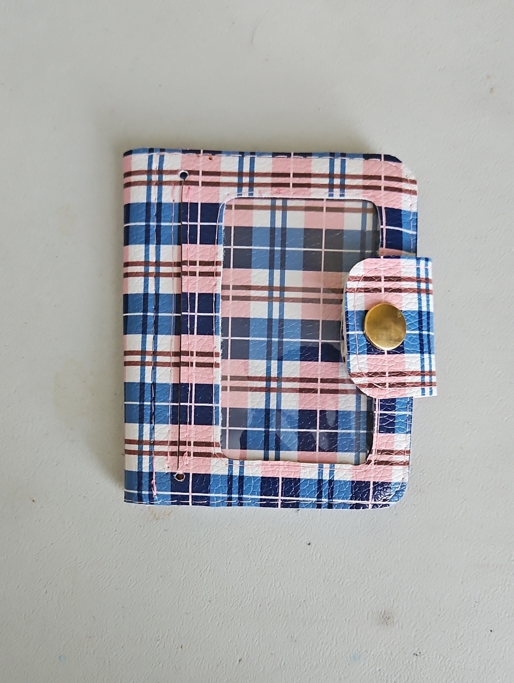 Plaid Card Wallet with ID Window - Blue & Pink